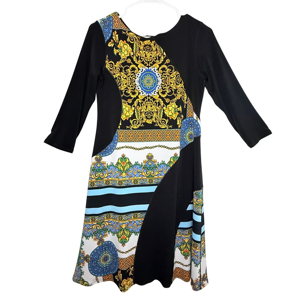 Eva Varro Baroque Scarf Print Midi Dress Small Black Gold Blue Art To Wear